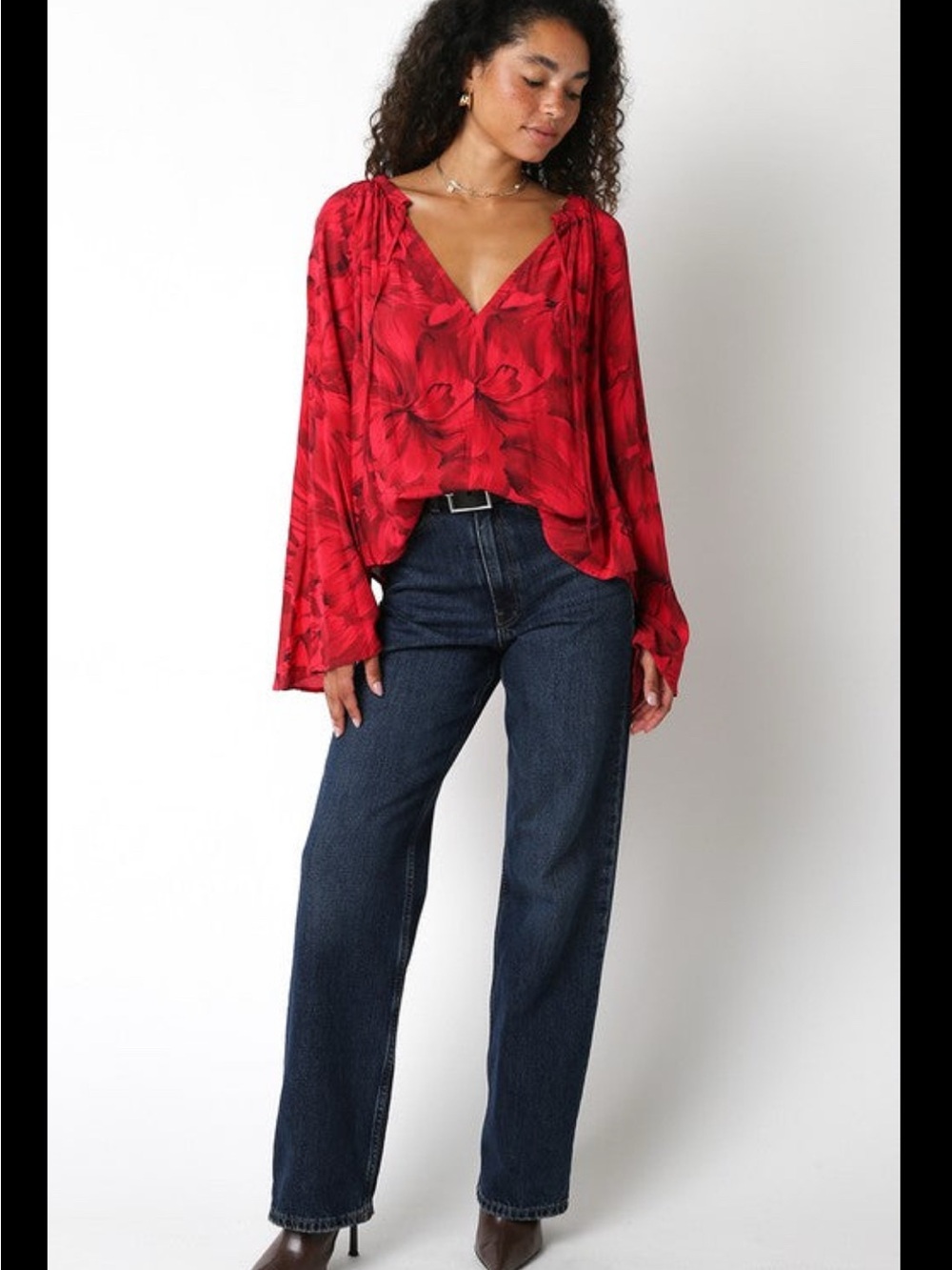 Olivaceous Red Floral V-Neck Blouse | Flowy Boutique Top | Boho - Picture 3 of 5
